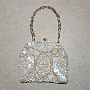 Vintage Ivory Pearls Sequins Chain Handle Clasp Evening Bag